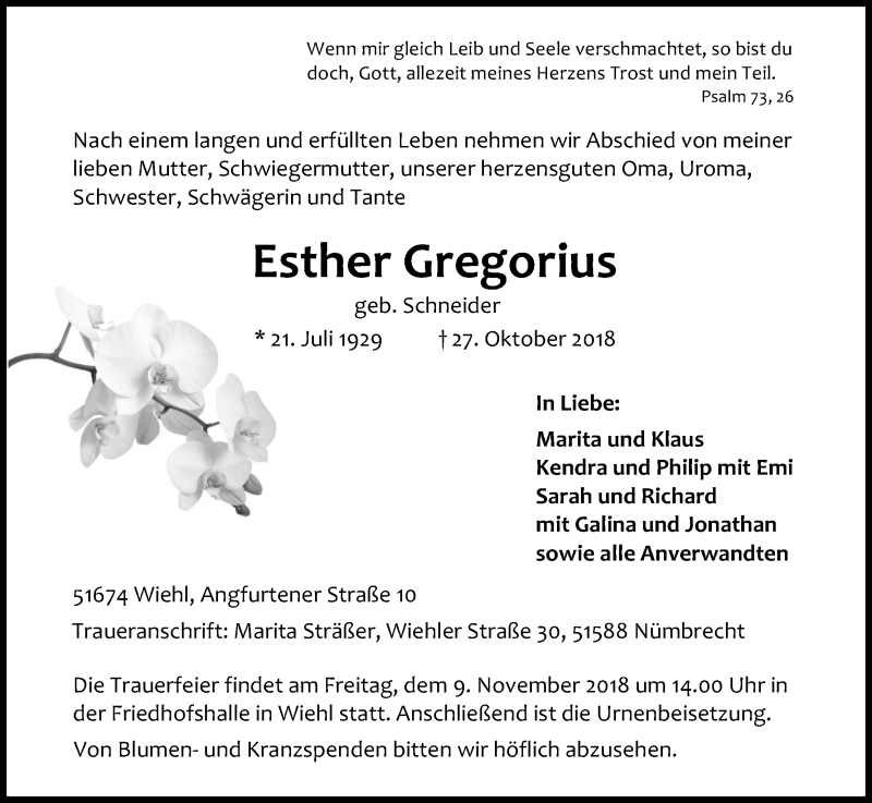  Traueranzeige für Esther Gregorius vom 03.11.2018 aus Kölner Stadt-Anzeiger / Kölnische Rundschau / Express