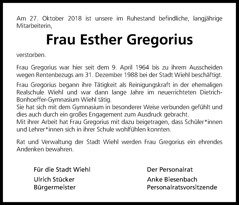  Traueranzeige für Esther Gregorius vom 08.11.2018 aus Kölner Stadt-Anzeiger / Kölnische Rundschau / Express