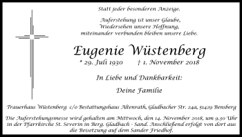 Anzeige von Eugenie Wüstenberg von Kölner Stadt-Anzeiger / Kölnische Rundschau / Express