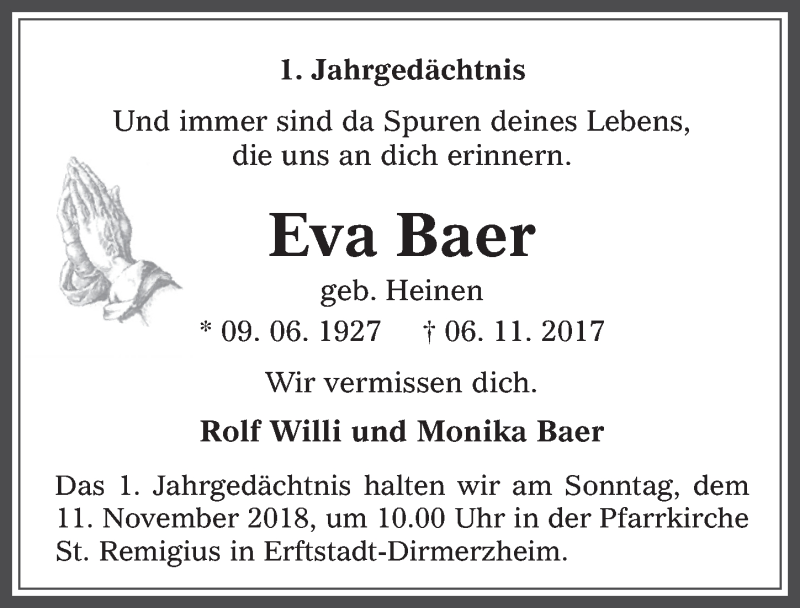  Traueranzeige für Eva Baer vom 07.11.2018 aus  Werbepost 