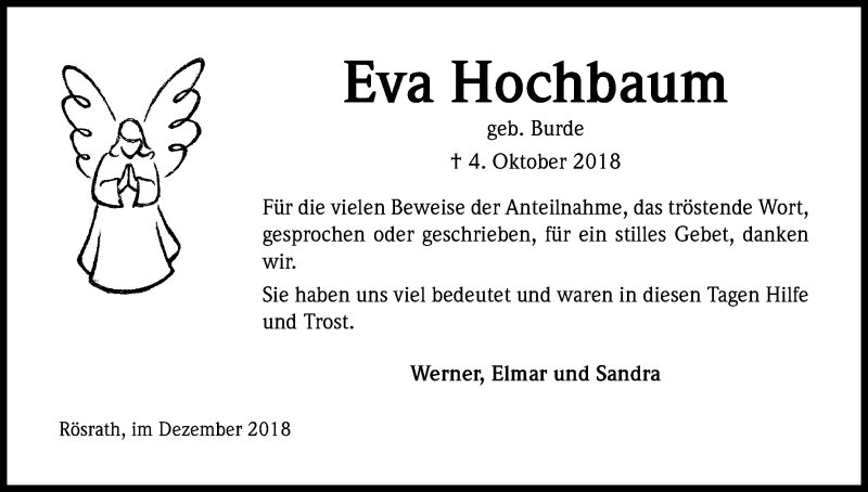  Traueranzeige für Eva Hochbaum vom 01.12.2018 aus Kölner Stadt-Anzeiger / Kölnische Rundschau / Express