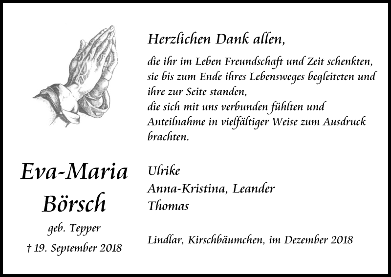  Traueranzeige für Eva-Maria Börsch vom 01.12.2018 aus Kölner Stadt-Anzeiger / Kölnische Rundschau / Express