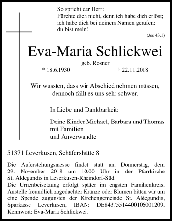 Anzeige von Eva-Maria Schlickwei von Kölner Stadt-Anzeiger / Kölnische Rundschau / Express