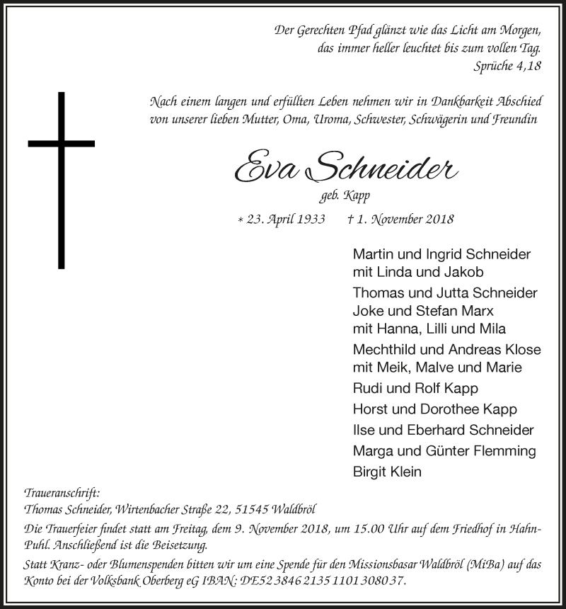  Traueranzeige für Eva Schneider vom 07.11.2018 aus  Lokalanzeiger 