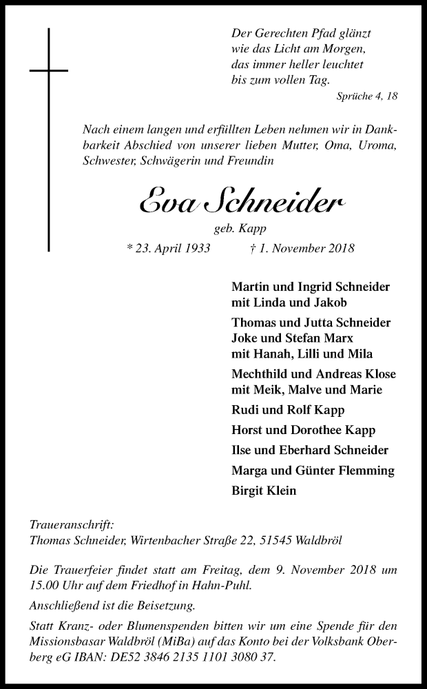  Traueranzeige für Eva Schneider vom 03.11.2018 aus Kölner Stadt-Anzeiger / Kölnische Rundschau / Express
