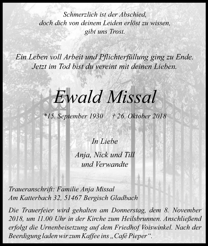  Traueranzeige für Ewald Missal vom 03.11.2018 aus Kölner Stadt-Anzeiger / Kölnische Rundschau / Express