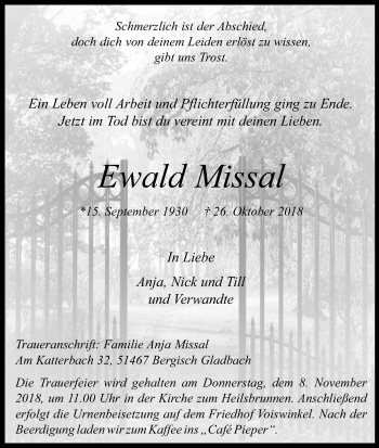 Anzeige von Ewald Missal von Kölner Stadt-Anzeiger / Kölnische Rundschau / Express