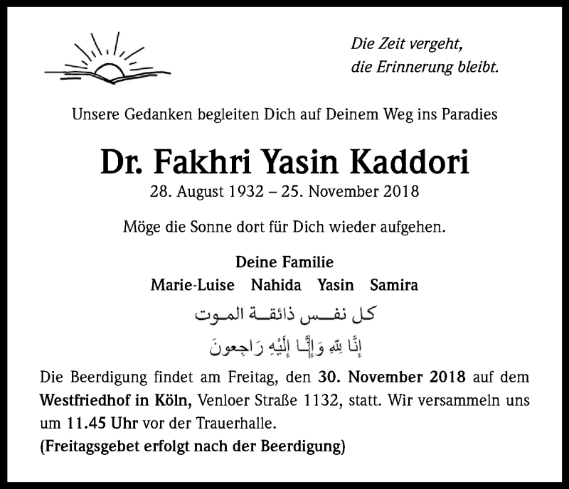  Traueranzeige für Fakhri Yasin Kaddori vom 29.11.2018 aus Kölner Stadt-Anzeiger / Kölnische Rundschau / Express