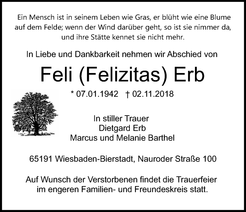  Traueranzeige für Feli  Erb vom 21.11.2018 aus Kölner Stadt-Anzeiger / Kölnische Rundschau / Express
