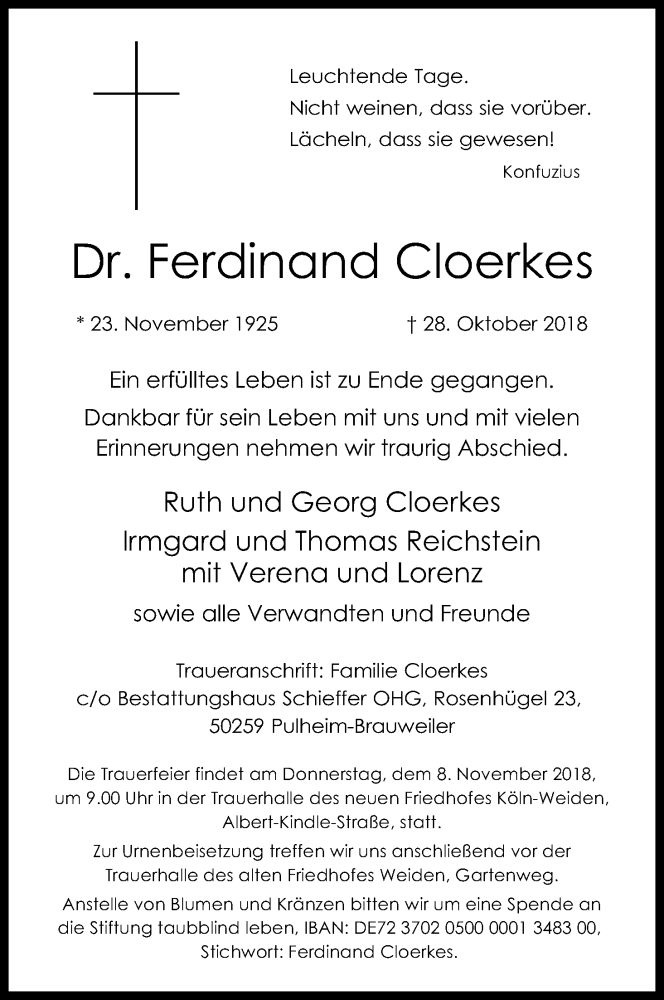  Traueranzeige für Ferdinand Cloerkes vom 03.11.2018 aus Kölner Stadt-Anzeiger / Kölnische Rundschau / Express