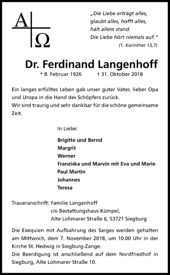 Anzeige von Ferdinand Langenhoff von Kölner Stadt-Anzeiger / Kölnische Rundschau / Express