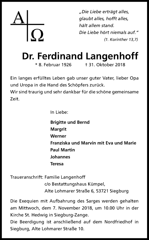  Traueranzeige für Ferdinand Langenhoff vom 03.11.2018 aus Kölner Stadt-Anzeiger / Kölnische Rundschau / Express