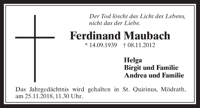  Traueranzeige für Ferdinand Maubach vom 07.11.2018 aus  Werbepost 