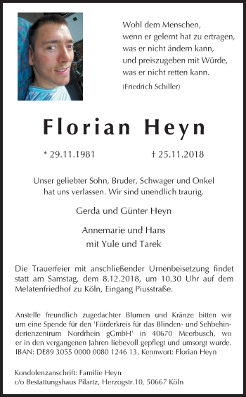 Anzeige von Florian Heyn von Kölner Stadt-Anzeiger / Kölnische Rundschau / Express