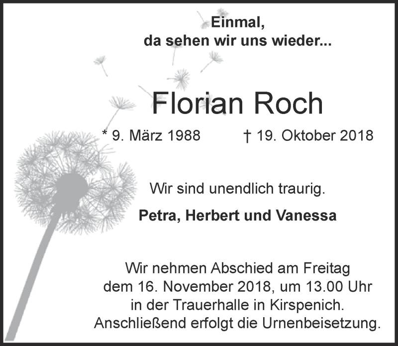  Traueranzeige für Florian Roch vom 10.11.2018 aus  Blickpunkt Euskirchen 