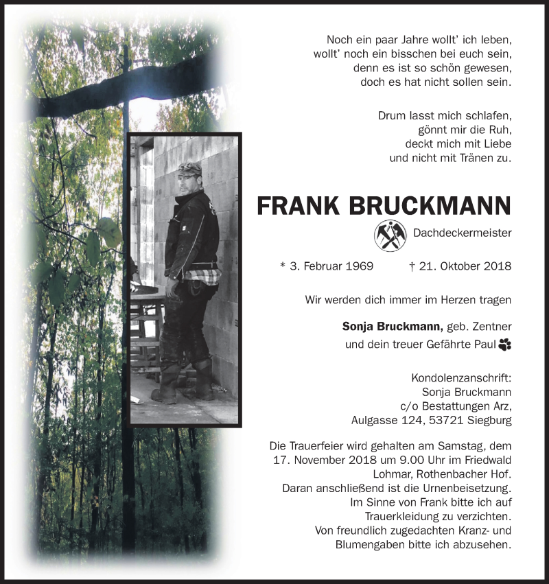  Traueranzeige für Frank Bruckmann vom 10.11.2018 aus Kölner Stadt-Anzeiger / Kölnische Rundschau / Express