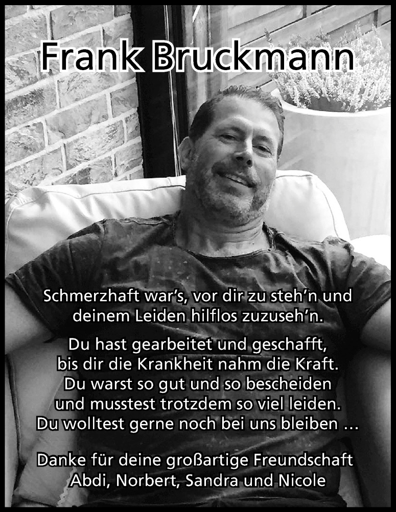  Traueranzeige für Frank Bruckmann vom 10.11.2018 aus Kölner Stadt-Anzeiger / Kölnische Rundschau / Express