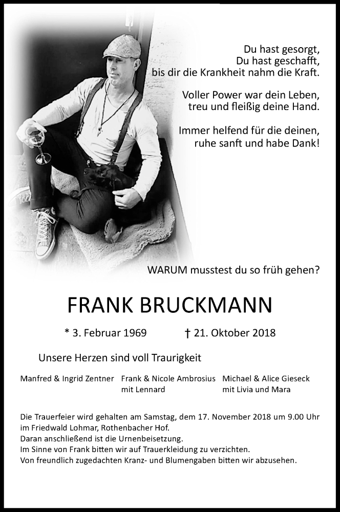  Traueranzeige für Frank Bruckmann vom 10.11.2018 aus Kölner Stadt-Anzeiger / Kölnische Rundschau / Express