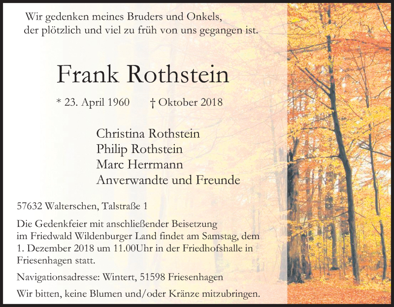  Traueranzeige für Frank Rothstein vom 17.11.2018 aus Kölner Stadt-Anzeiger / Kölnische Rundschau / Express