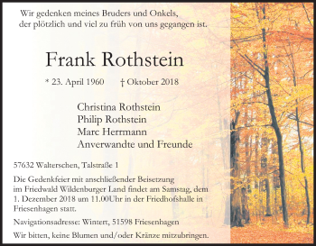 Anzeige von Frank Rothstein von Kölner Stadt-Anzeiger / Kölnische Rundschau / Express