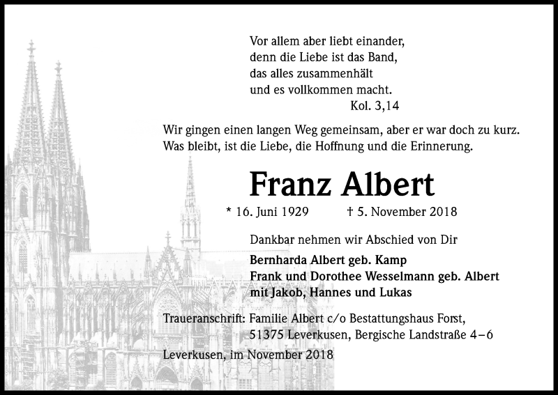  Traueranzeige für Franz Albert vom 24.11.2018 aus Kölner Stadt-Anzeiger / Kölnische Rundschau / Express