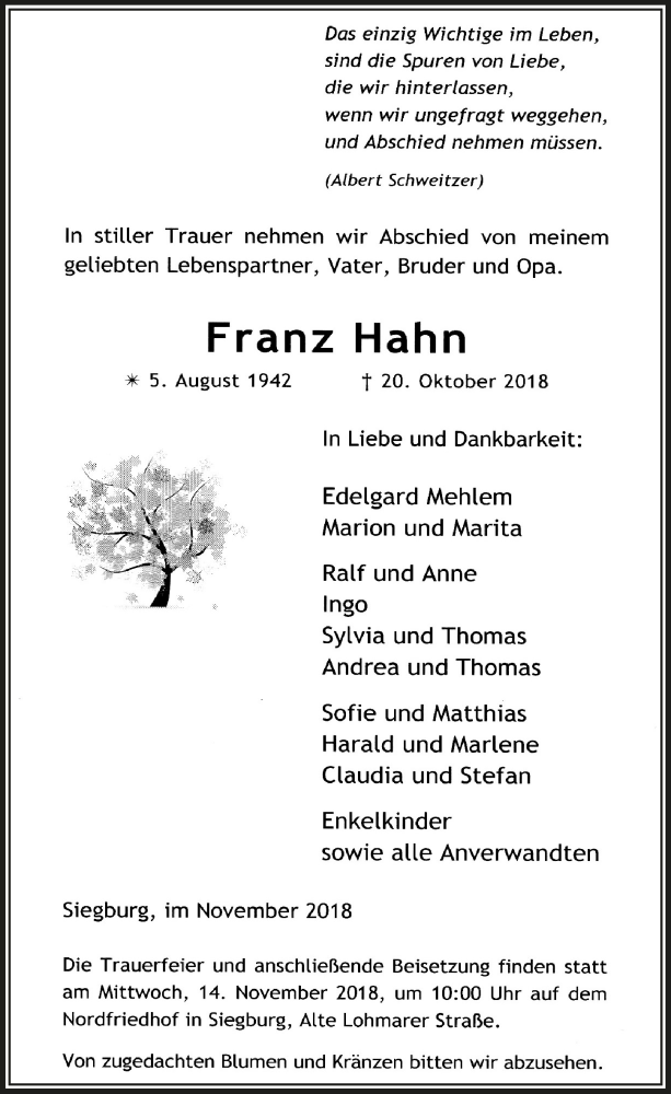  Traueranzeige für Franz Hahn vom 07.11.2018 aus  Werbepost 