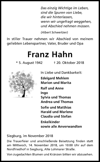Anzeige von Franz Hahn von Kölner Stadt-Anzeiger / Kölnische Rundschau / Express