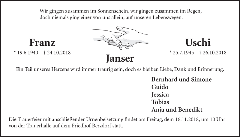  Traueranzeige für Franz Janser vom 14.11.2018 aus  Schlossbote/Werbekurier 