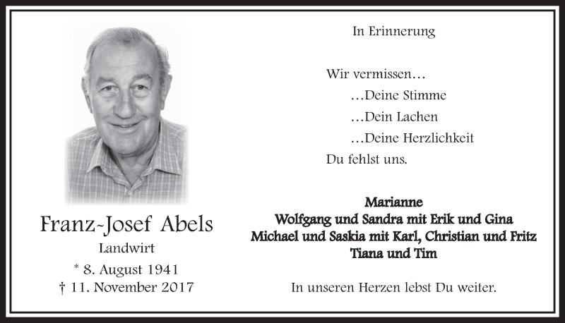  Traueranzeige für Franz-Josef Abels vom 10.11.2018 aus  Sonntags-Post 