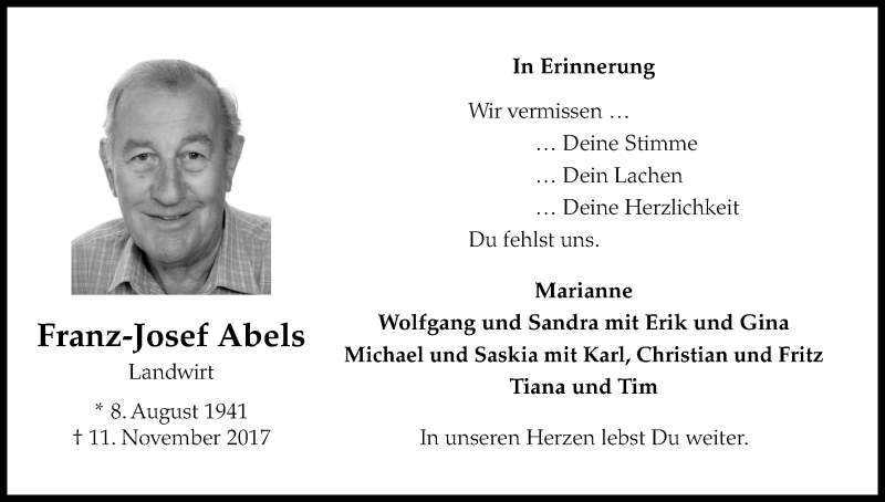  Traueranzeige für Franz-Josef Abels vom 10.11.2018 aus Kölner Stadt-Anzeiger / Kölnische Rundschau / Express