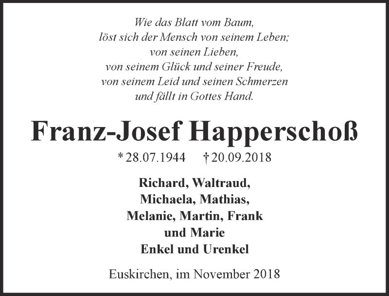  Traueranzeige für Franz-Josef Happerschoß vom 17.11.2018 aus  Blickpunkt Euskirchen 