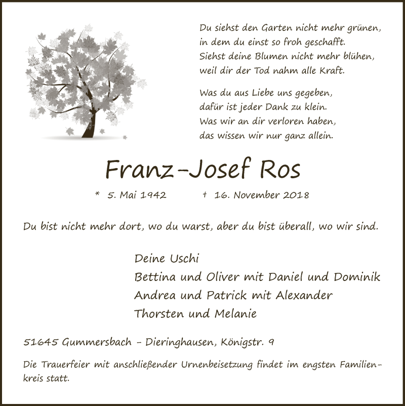  Traueranzeige für Franz-Josef Ros vom 21.11.2018 aus  Anzeigen Echo 