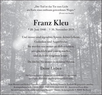 Anzeige von Franz Kleu von  Werbepost 