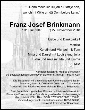 Anzeige von Franz Josef Brinkmann von Kölner Stadt-Anzeiger / Kölnische Rundschau / Express