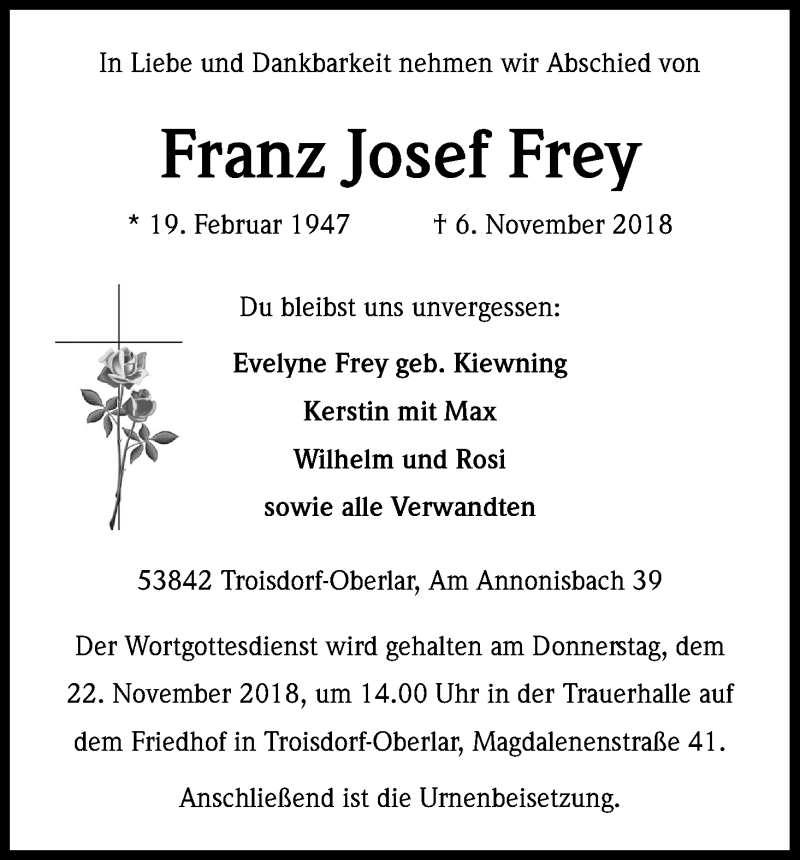  Traueranzeige für Franz Josef Frey vom 20.11.2018 aus Kölner Stadt-Anzeiger / Kölnische Rundschau / Express