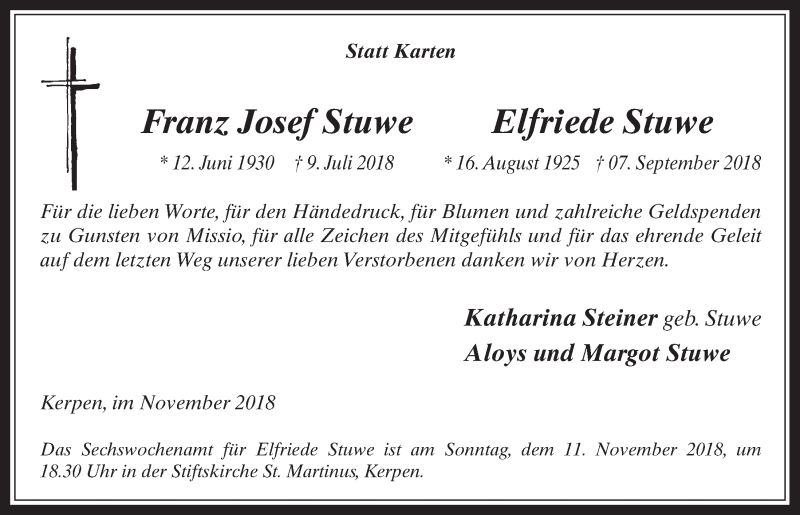  Traueranzeige für Franz Josef Stuwe vom 07.11.2018 aus  Werbepost 