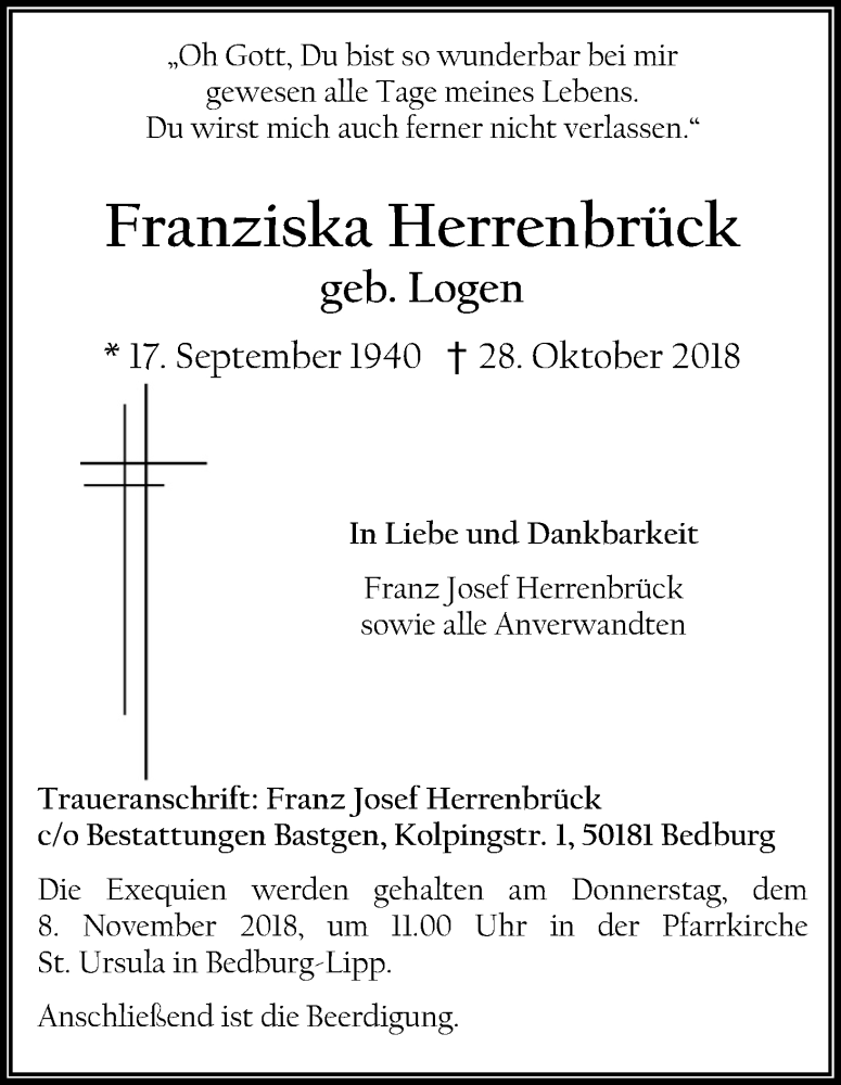  Traueranzeige für Franziska Herrenbrück vom 03.11.2018 aus Kölner Stadt-Anzeiger / Kölnische Rundschau / Express