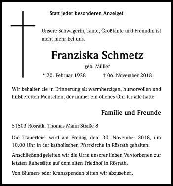Anzeige von Franziska Schmetz von Kölner Stadt-Anzeiger / Kölnische Rundschau / Express