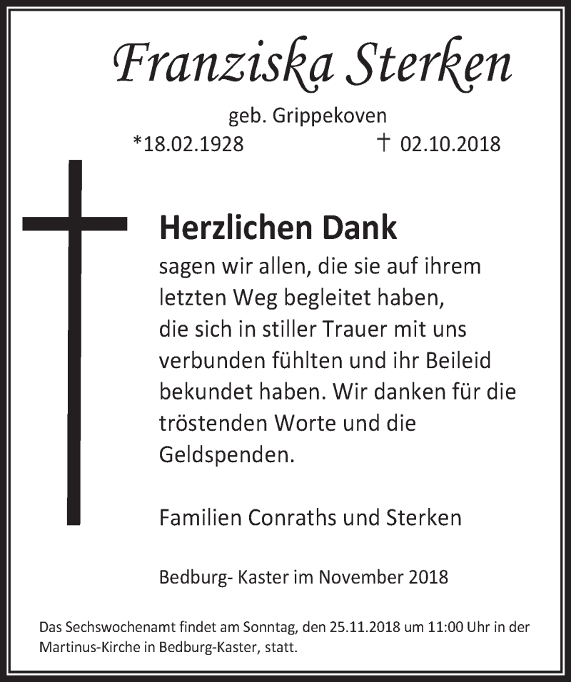  Traueranzeige für Franziska Sterken vom 21.11.2018 aus  Werbepost 