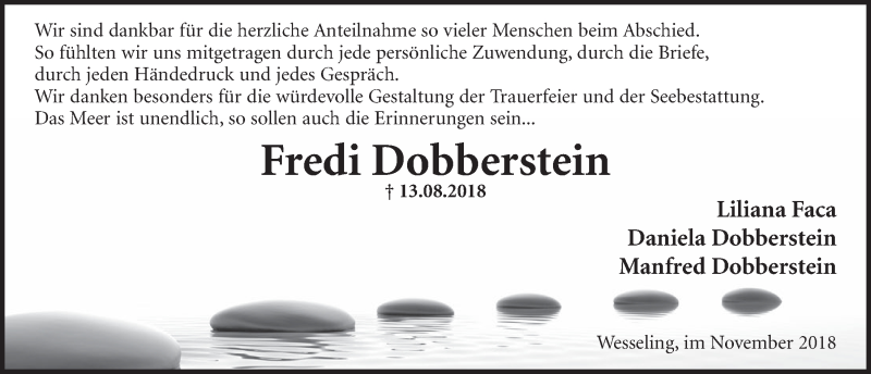  Traueranzeige für Fredi Dobberstein vom 28.11.2018 aus  Schlossbote/Werbekurier 