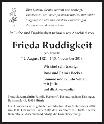 Anzeige von Frieda Ruddigkeit von  Wochenende 