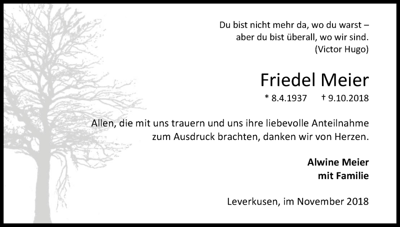  Traueranzeige für Friedel Meier vom 10.11.2018 aus Kölner Stadt-Anzeiger / Kölnische Rundschau / Express