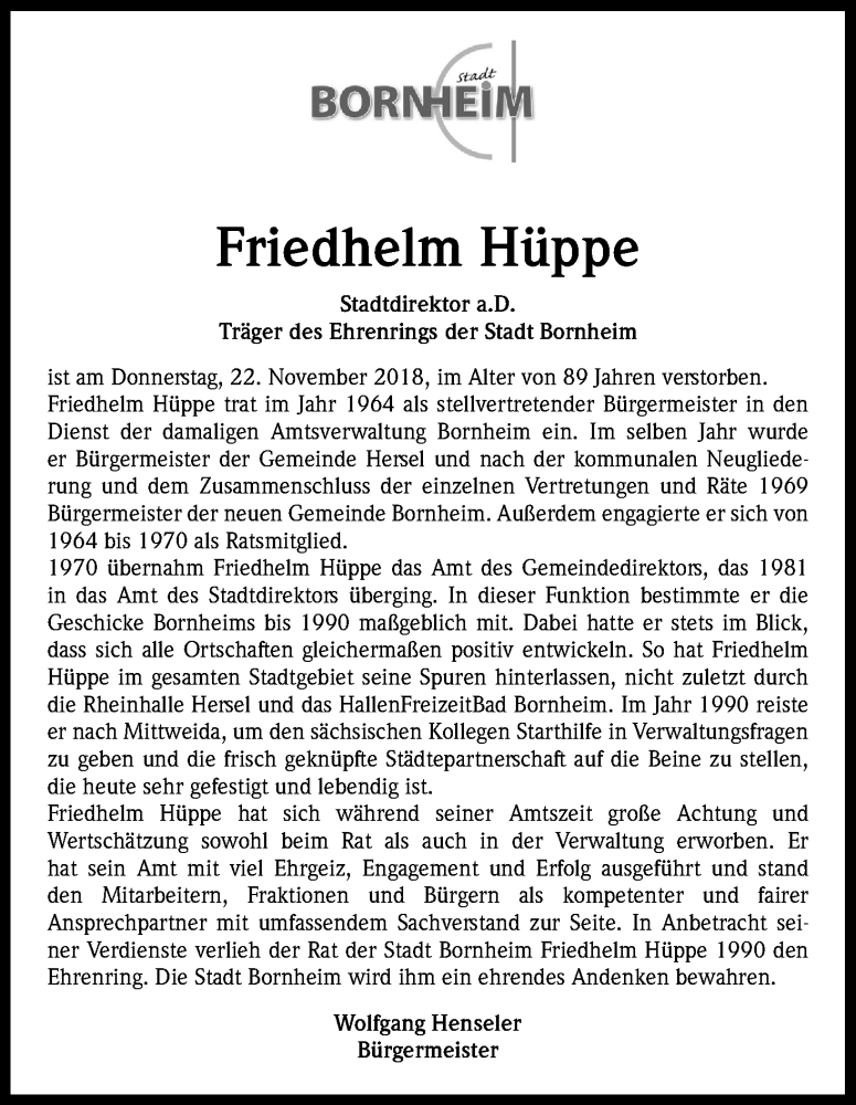  Traueranzeige für Friedhelm Hüppe vom 01.12.2018 aus Kölner Stadt-Anzeiger / Kölnische Rundschau / Express