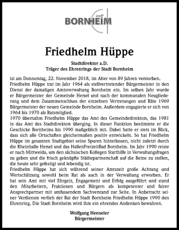 Anzeige von Friedhelm Hüppe von Kölner Stadt-Anzeiger / Kölnische Rundschau / Express