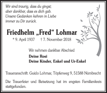 Anzeige von Friedhelm Fred Lohmar von  Lokalanzeiger 