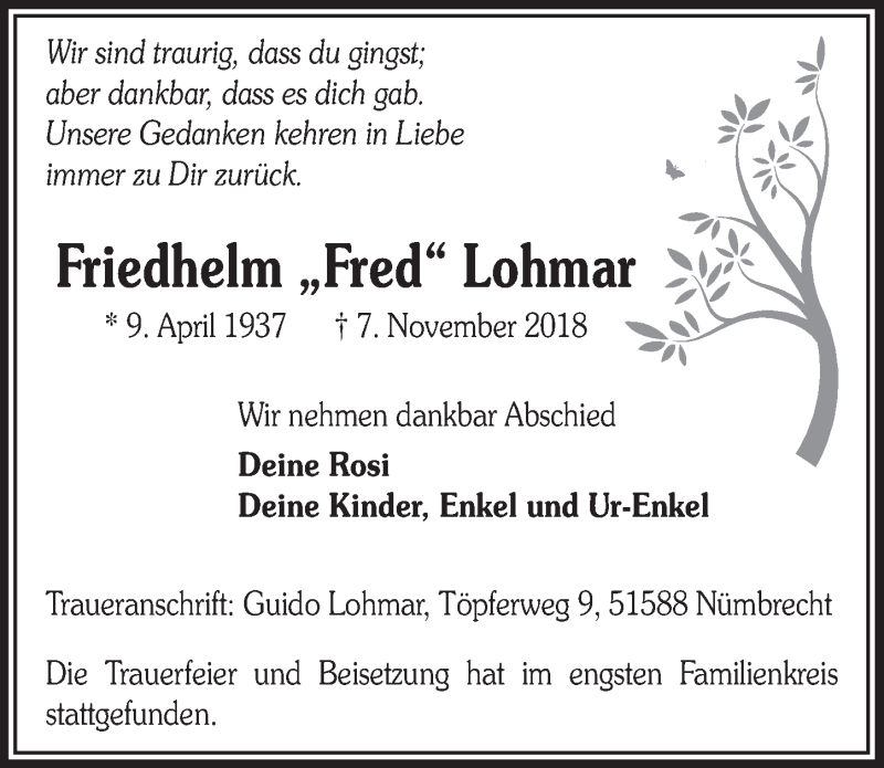  Traueranzeige für Friedhelm Fred Lohmar vom 28.11.2018 aus  Lokalanzeiger 