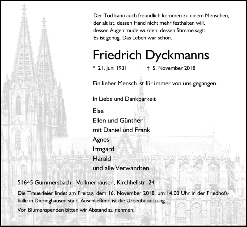  Traueranzeige für Friedrich Dyckmanns vom 09.11.2018 aus Kölner Stadt-Anzeiger / Kölnische Rundschau / Express
