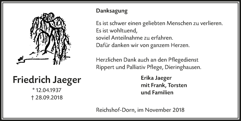  Traueranzeige für Friedrich Jaeger vom 28.11.2018 aus  Anzeigen Echo 