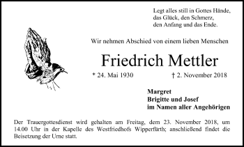 Anzeige von Friedrich Mettler von Kölner Stadt-Anzeiger / Kölnische Rundschau / Express
