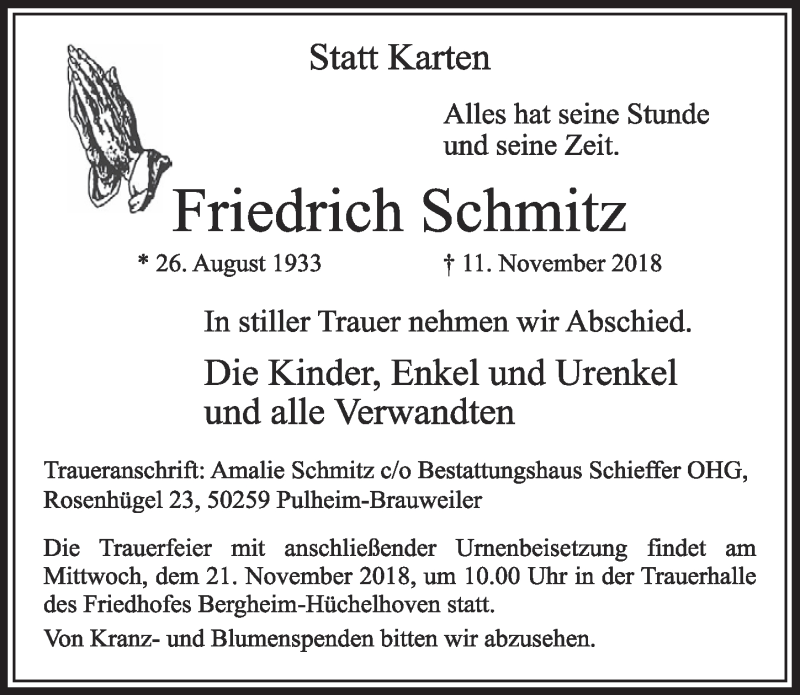  Traueranzeige für Friedrich Schmitz vom 17.11.2018 aus  Sonntags-Post 